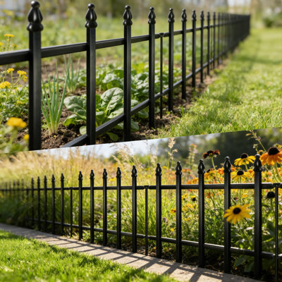 Decorative Metal Garden Fence Panels Set, Gothic Design, No-Dig Border, Black