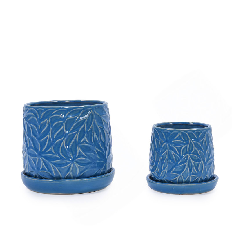 Ensemble de pots à fleurs en céramique fait à la main de 2, 6 po et 8 po de diamètre, bleu foncé avec motif de feuilles, pour les plantes d'intérieur et d'extérieur, pour les plantes grasses et les tables, en argile respirante avec soucoupes