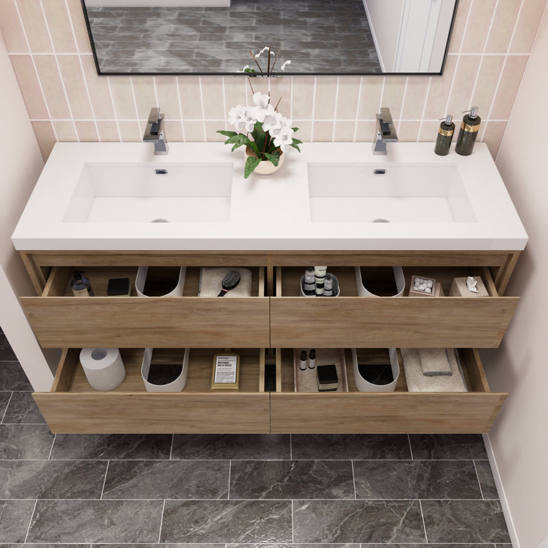 Azden 59.5" Wall-Mounted Double Bathroom Vanity Set, White Oak