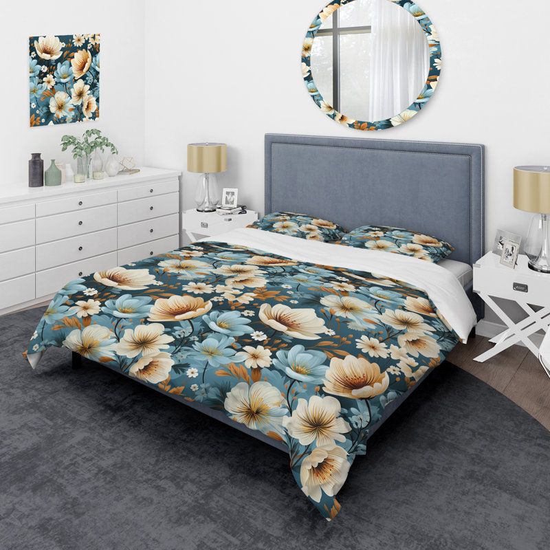 Ensemble de housse de couette à motif floral bleu rétro Finesse IV, Housse de couette simple + 1 taie décorative stan