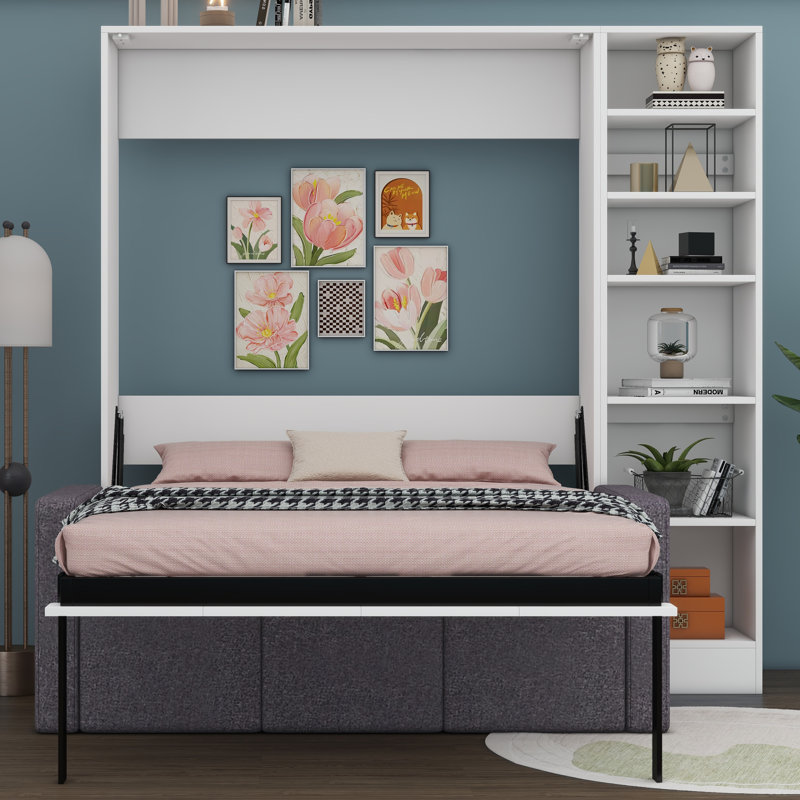 Lit escamotable Verlina avec canapé et tablettes, Double, Gris foncé
