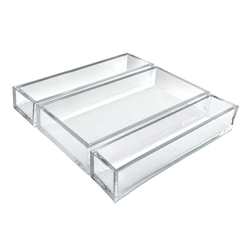 Ensemble de 3 plateaux de luxe en acrylique transparent, deux plateaux rectangulaires étroits et un grand plateau de rangement rectangulaire pour bureau ou comptoir