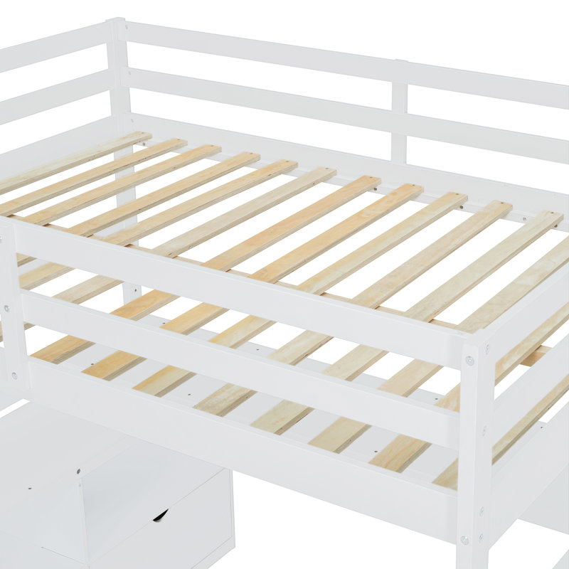 Lit mezzanine avec 7 tiroirs, 2 tablettes et un bureau, Lit double, Blanc