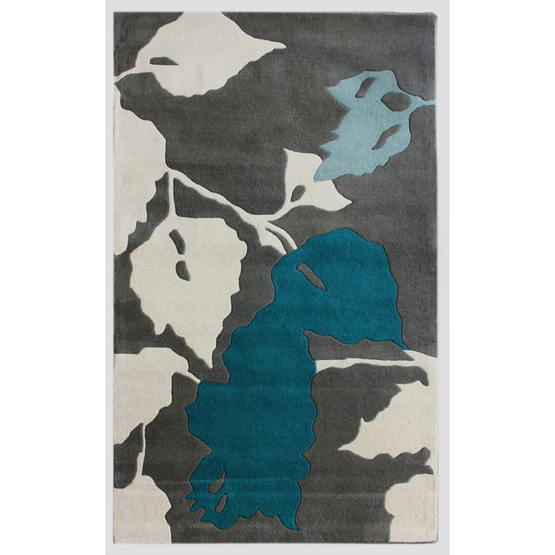 Tapis gris et bleu à feuilles Naugle, Rectangle 5' x 8'