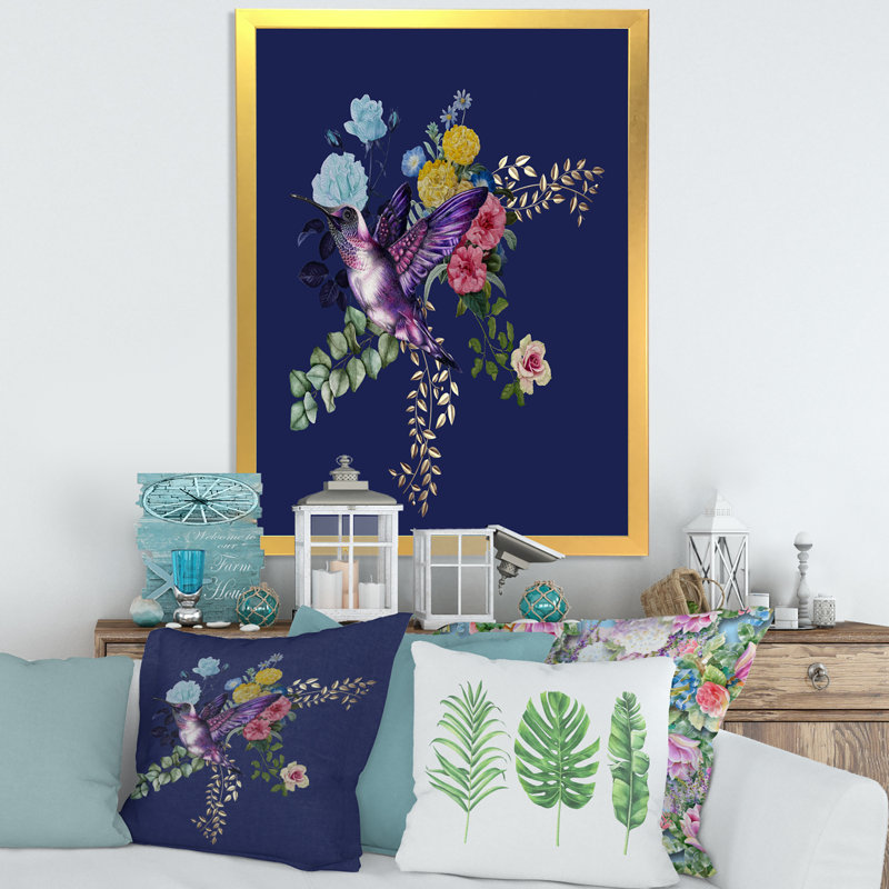 Petit oiseau sur un bouquet coloré de fleurs sauvages I - Impression sur toile, H 32 po x l 16 po x P 1 po, Cadre doré