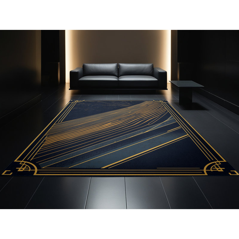 Tapis art déco lavable à la machine Wimberley tour magique en gris - reliure marine, 3 x 5