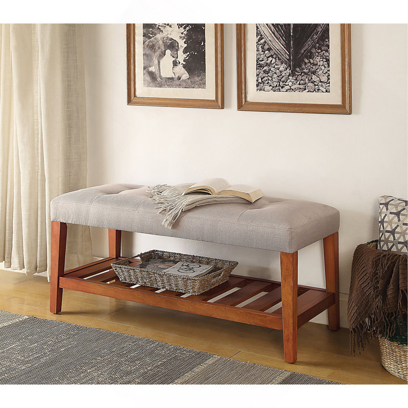 Banc en tissu et finition chêne Charla, Gris clair