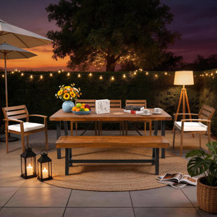 7-8 Person Outdoor Acacia Wood Dinning Set, Patio Furniture Set with Bench, Table and 5 Ergonomic Chairs, Removable Cushions