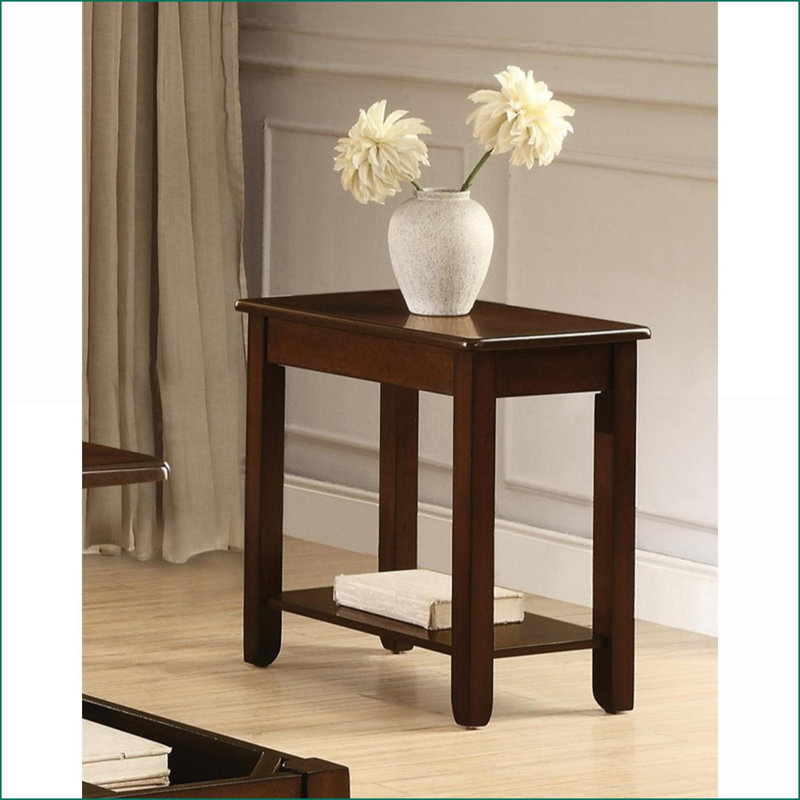 Table basse contemporaine en bois de cerisier foncé avec tablette ouverte, peu encombrante pour le salon