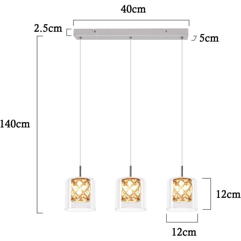 G9 Polished Chrome Crystal Pendant Light with Glass Shade for Kitchen Island, 3, 140cm H x 40cm W x 5cm D