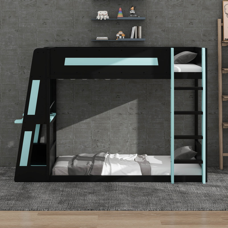 Lit mezzanine simple avec bureau et DEL et USB, lit superposé en bois avec tablettes de rangement, échelle, Noir / Bleu