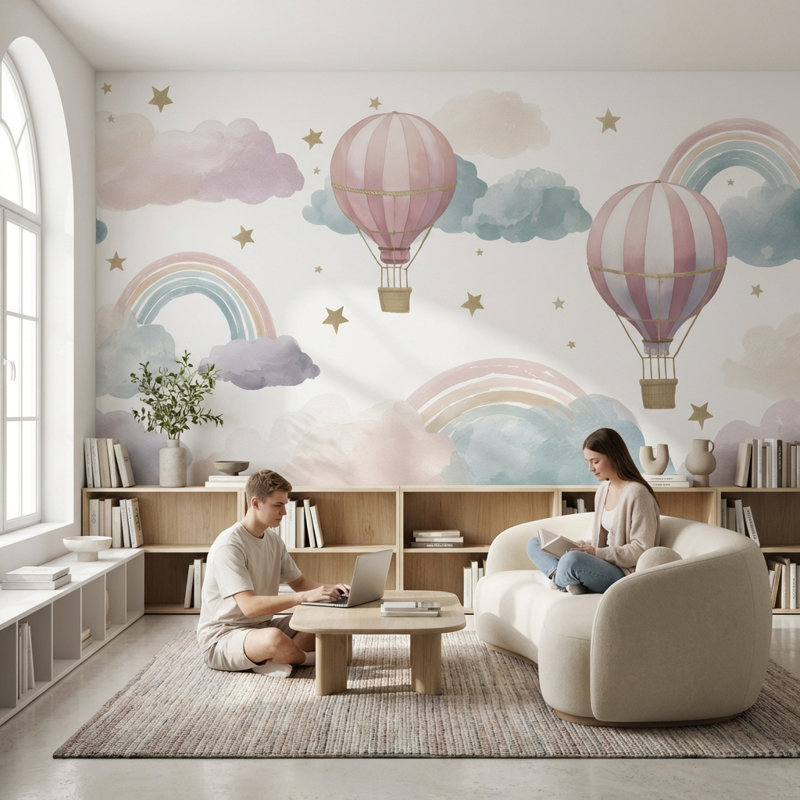 Murale arc-en-ciel amovible en forme de montgolfières, Non tissé, 160 po x 108 po