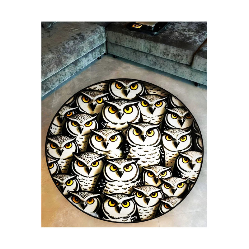 Yellow-Eyed Owl Patterned Woven  Washable Carpet, Round 2'8"