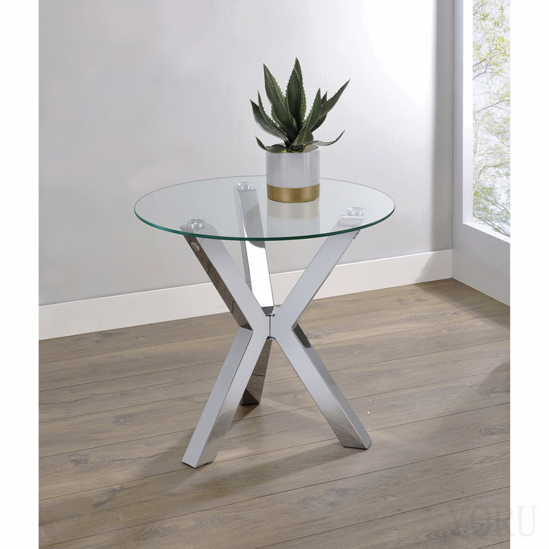 Table d'appoint chromée ronde en verre trempé