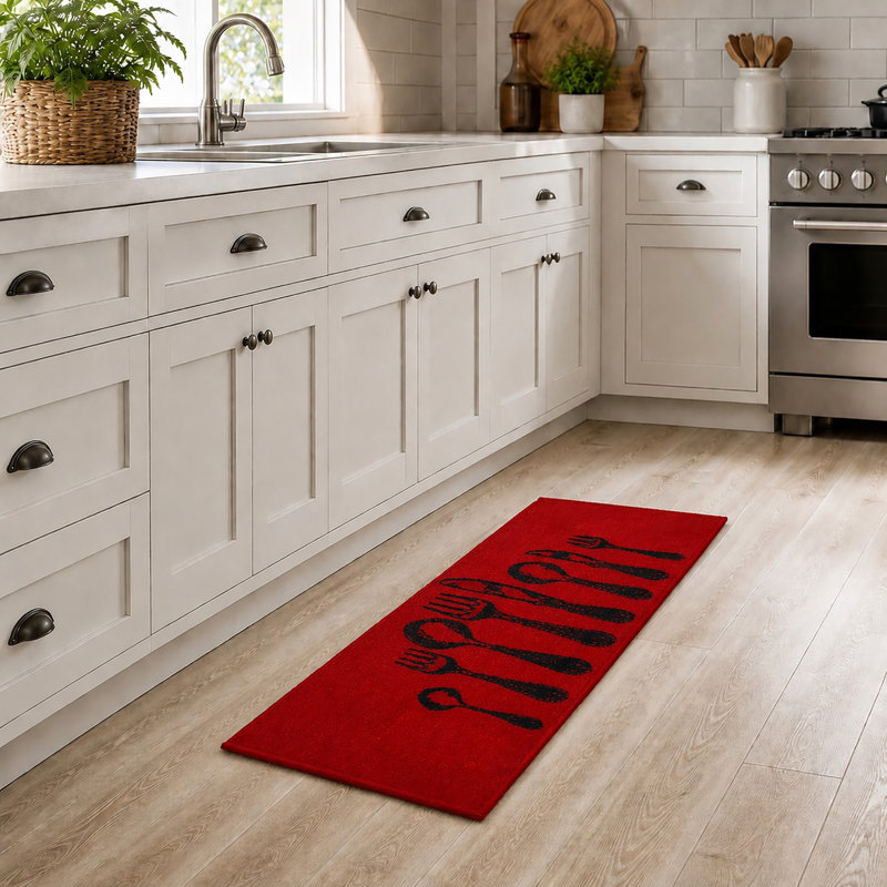 Luxurious Comfort Chef Kitchen Mat, Cutlery Design, Low-Profile, Universal Fit, Red, Runner 1'8'' x 4'