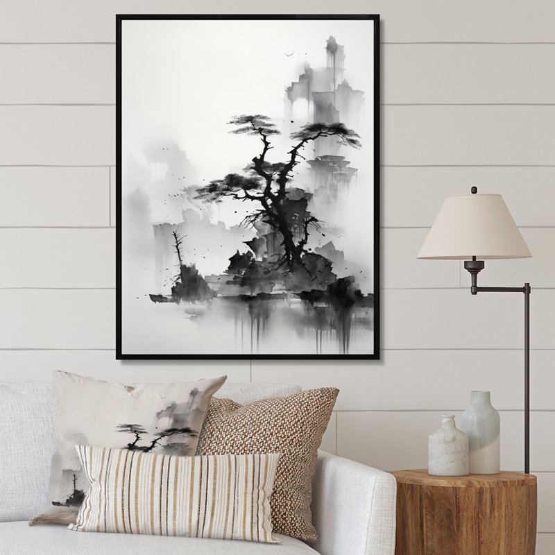 Asian Art Landscape Sumi - Art asiatique grand art mural, H 32 po x l 24 po x P 1 po, Cadre flottant noir