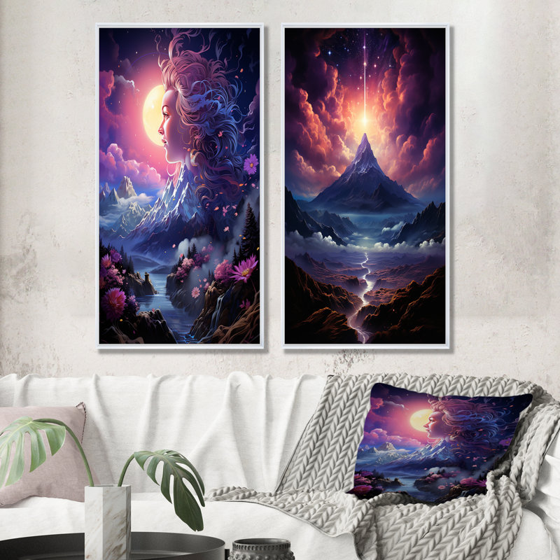 Ensemble de salon art mural abstrait rose et mauve, ciels magiques I, Cadre flottant blanc, H 32 po x l 33 po