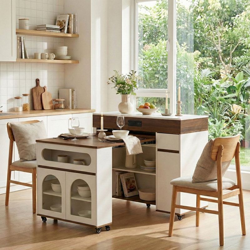 74" Kitchen Island Center With Extendable Drop Leaf Dining Table,Modern Farmhouse Prep Station With Storage, Brown