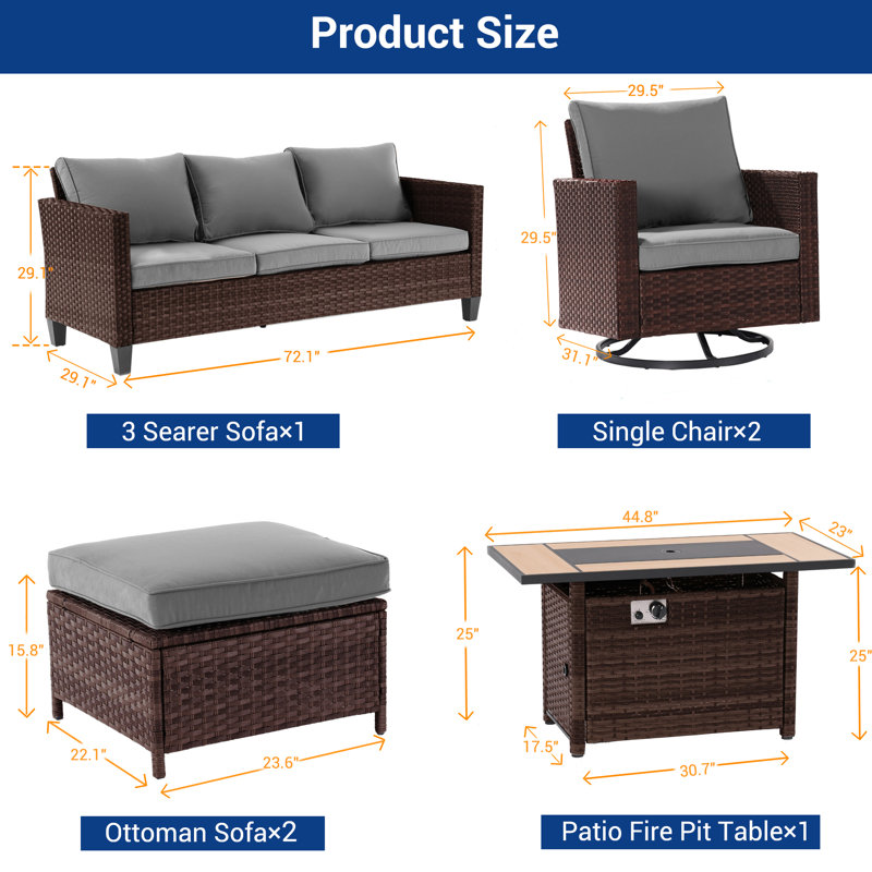 Ensemble de canapés de patio 6 pièces avec table de foyer 45 po, chaises berçantes pivotantes en osier de rotin PE pour patio, terrasse et cour