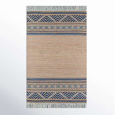 Alberta Beige Blue Hand-Woven Geometric Jute Rug