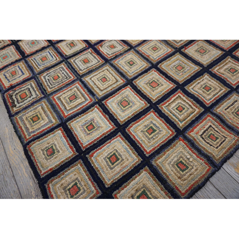 Small Square Antique Late 19th Century American Log Cabin Folk Art Design Hooked Rug