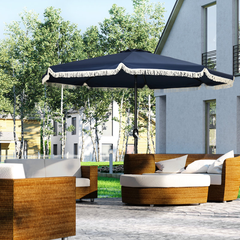 Dark Blue 9Ft Patio Umbrella, Tilt And Crank Controlled, Ruffled For Pool Deck Garden Outdoor Umbrella Blue, With Feature, Ideal Area