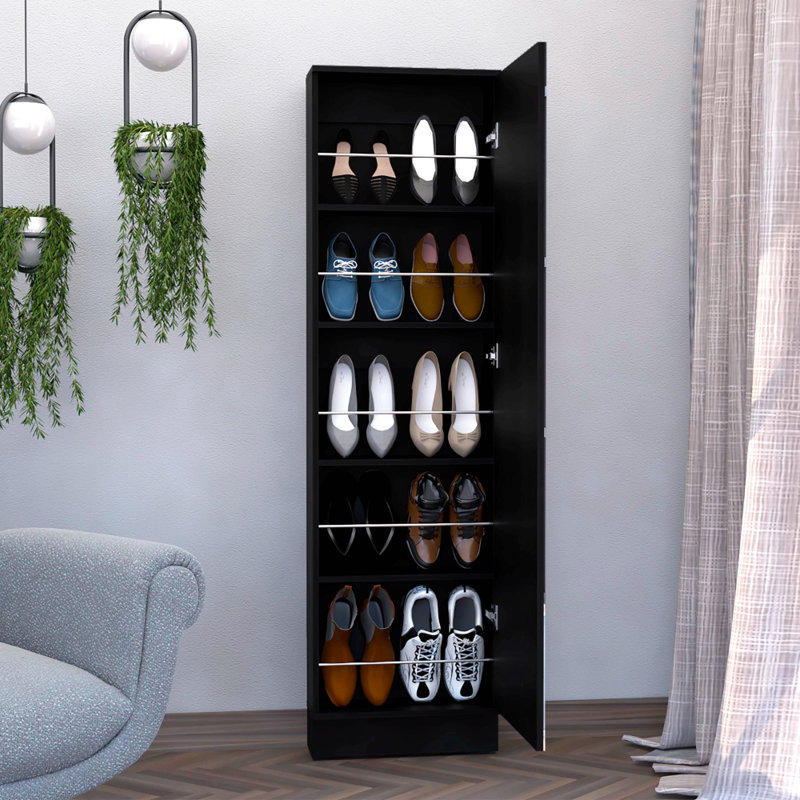 Range-chaussures H 67 po, cinq tablettes de rangement internes, un miroir, une porte, capacité approximative de 10 paires de chaussures, noir