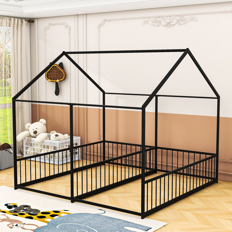 Twin-Sized Metal House Platform Bed With Dual Bed Design And Safety Guardrails, Black