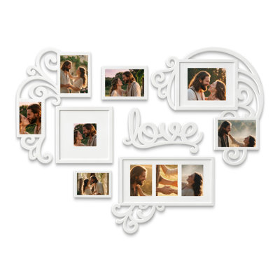 10 Pack Heart Shaped Love Theme Gallery Wall Frame Kit, Scroll Metal Style PVC Collage Frames Fits 4x4/4x6/5x7/5x8 Photos for Wedding Bedroom Romantic Memory Decor, White