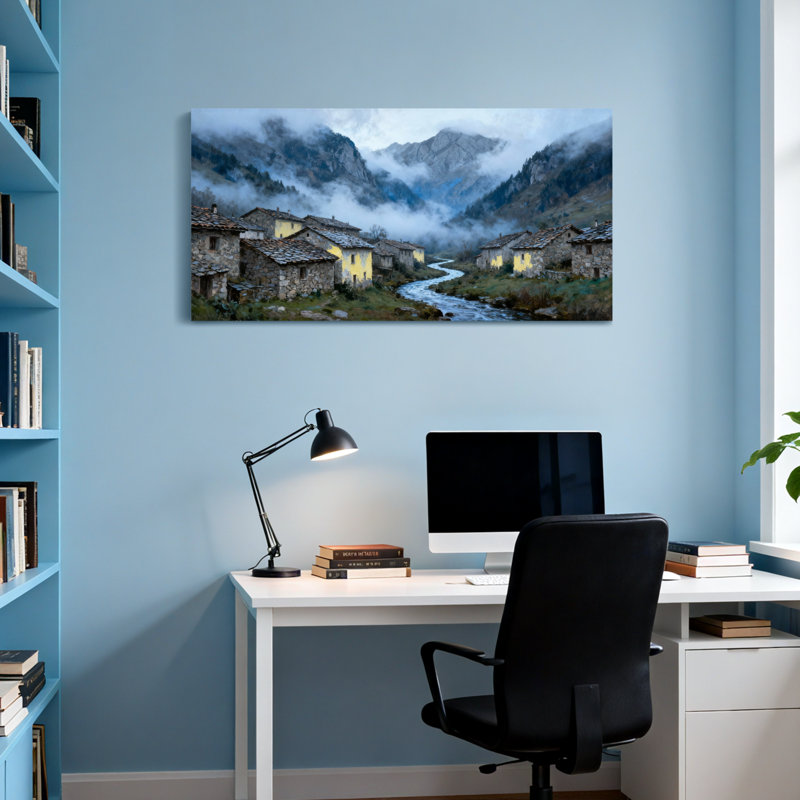 «Scenic & Cityscapes Mountain Village Stream Misty Morning Landscape», reproduction d'art, H 24 po x l 48 po