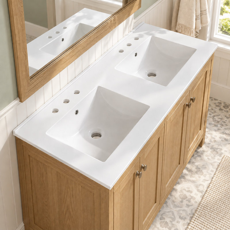 48'' W Double Basin White Ceramic Rectangular Bathroom Sink for Two without Faucet