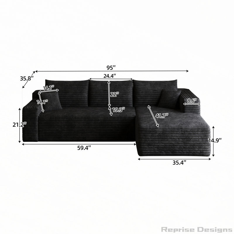 Canapé modulaire 95 pouces sans assemblage et coin profond, Black-Right-Shape Corduroy