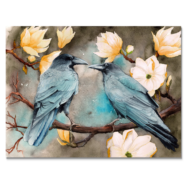 Deux corbeaux sur les branches de magnolia avec fleurs - reproduction sur toile, H 34 po x l 44 po x P 1,5 po, Toile tendue