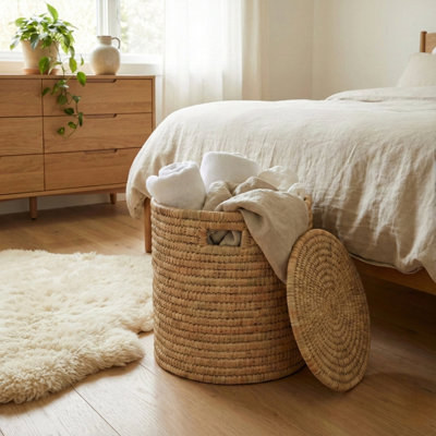 100% rotin naturel tissé à la main, panier rond d'environ 14 à 16 po avec couvercle et poignées, organisateur de rangement et de rangement décoratif Boho Farmhouse, fabriqué à la main - artisanat africain authentique