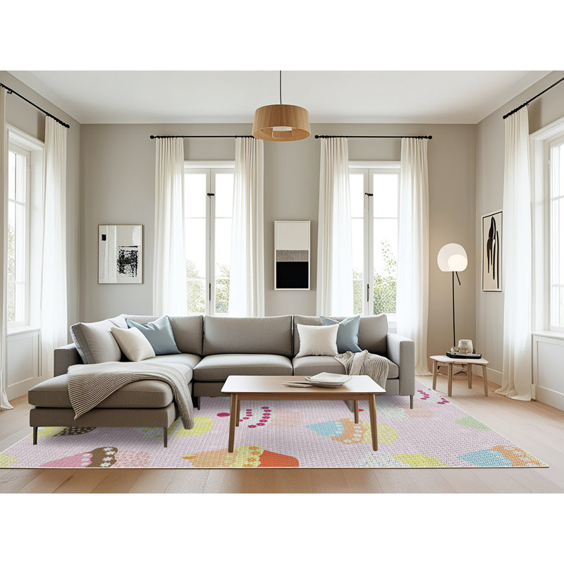 Tapis jaune/rose à motifs, Rectangle 8 pi x 12 pi