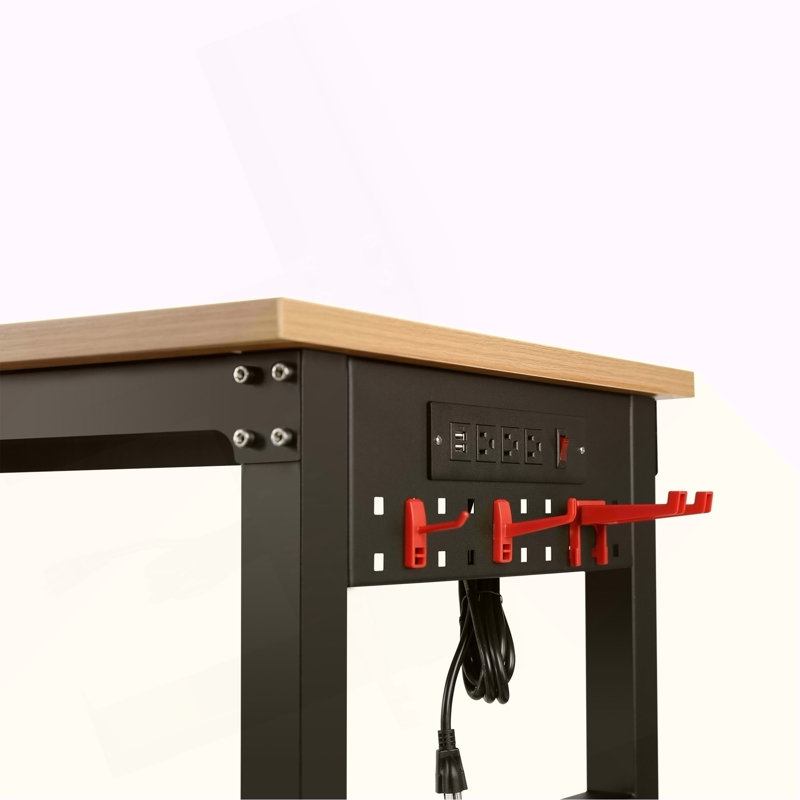 Établi réglable de 60 po x 24 po, table de travail robuste roulante avec prise de courant et roulettes, établi en bois d'hévéa à grande capacité de charge pour garage, bureau, atelier, maison, assemblage facile