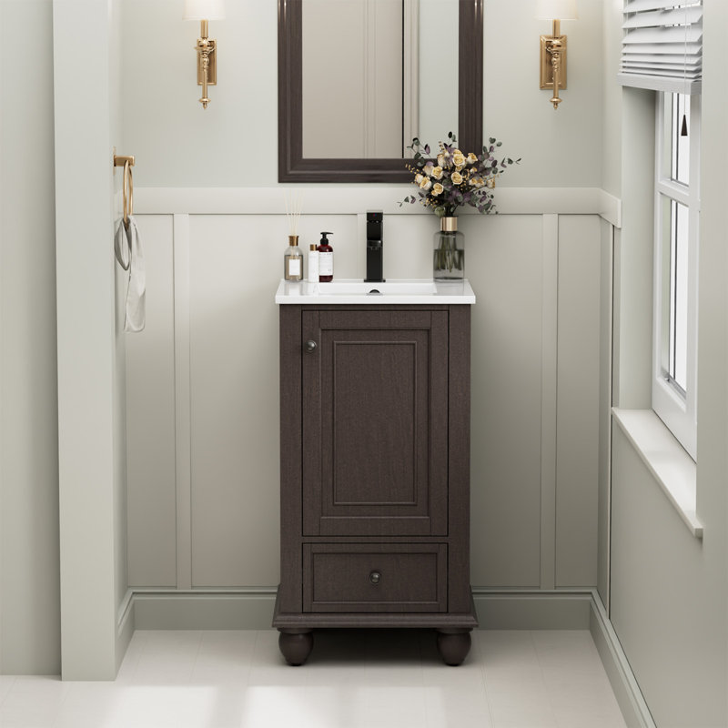 18" Single Sink Bathroom Vanity With Ceramic Top, Zinc Alloy Faucet, Painted Surface, Soft-close Doors, Brown