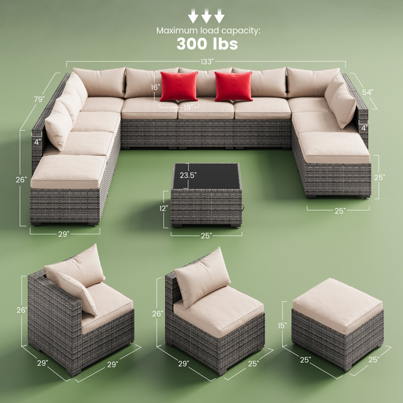 10 - Person Wicker / Rattan Outdoor Sectional Seating Group Storage Table, Beige