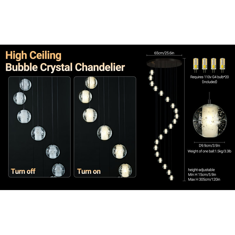 Durkin 20-Light Dimmable Real Crystal Bubble Globe Clusters Chandelier (Bulbs Included), Matte Black