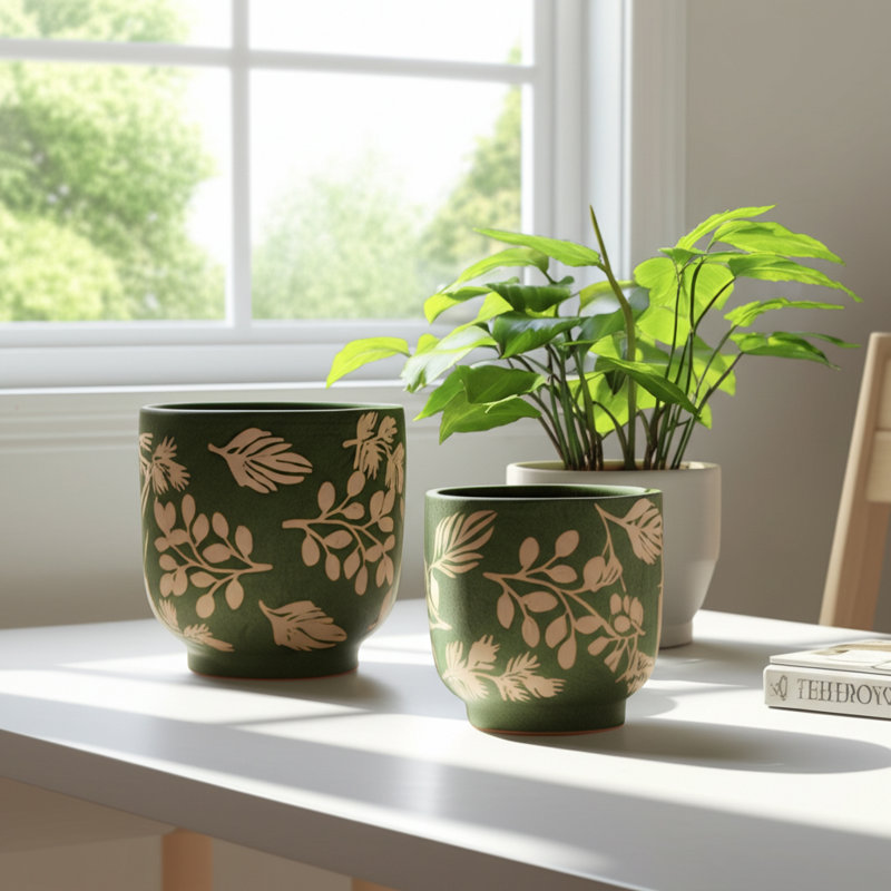 Stoneware Planters With Decorative Botanical Detailing And Textured Artisan Design - Set Of 2