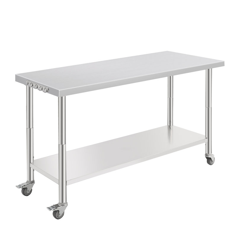 Table de travail commerciale robuste avec roulettes, table de préparation de cuisine en acier inoxydable avec crochets et tablette à hauteur réglable pour le garage, l'extérieur, la maison et l'hôtel