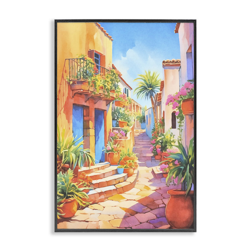 Vive ville méditerranéenne, art giclée encadrée par Andrea Haase, H 18 po x l 12 po, Giclée encadrée noir minuit