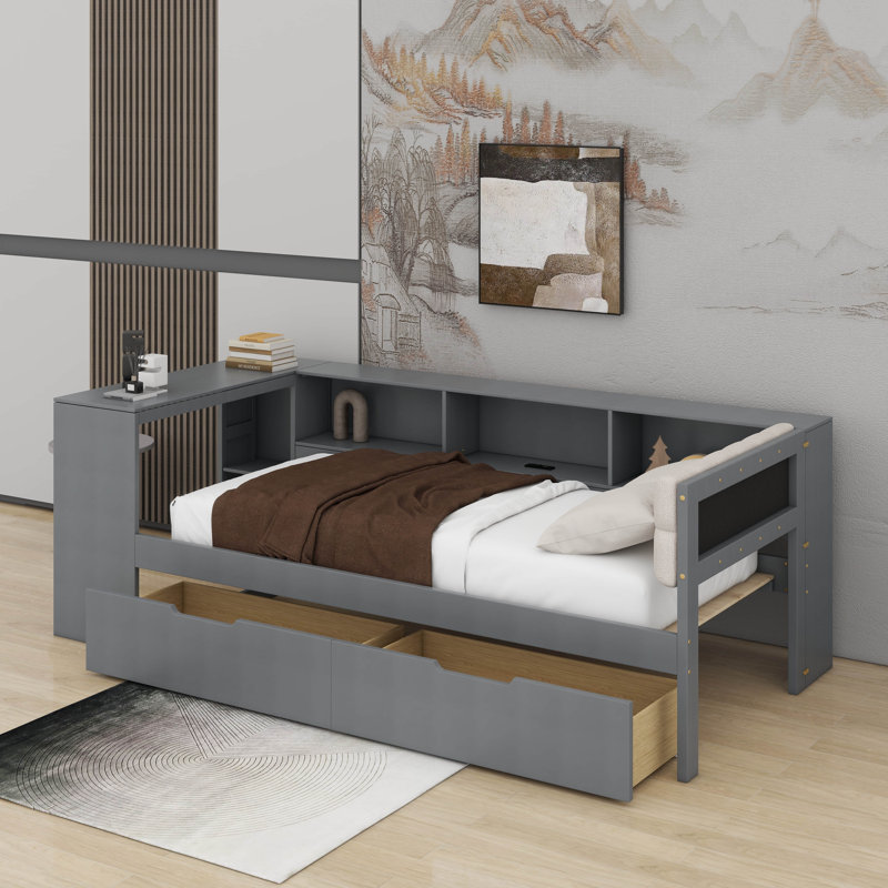 Lit plateforme simple avec tablettes, tiroirs, station de charge et tête de lit tapissier, Lit simple, Gris