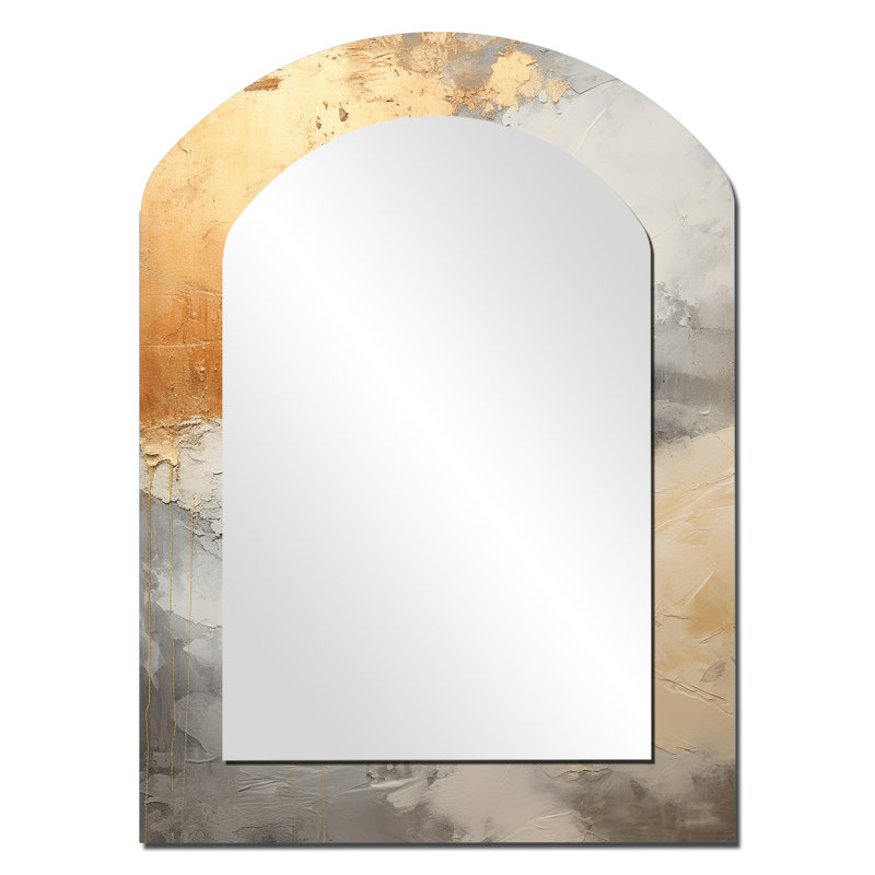Minimalisme beige et or - tempête I - grand miroir mural asymétrique, miroir arche traditionnel, impression sur métal
