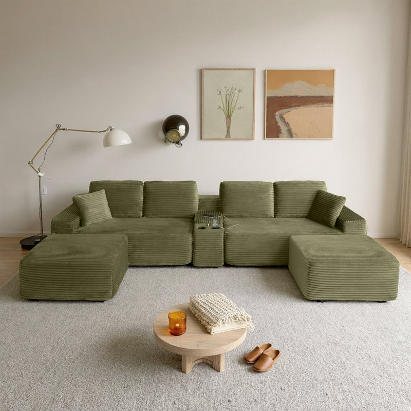 Canapé modulaire en velours côtelé 125 po avec 2 repose-pieds, canapé en forme de L, porte-gobelets, ports USB, modulaire 5 pièces