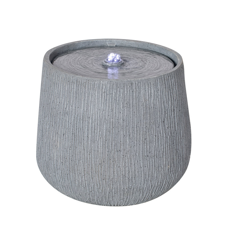 12.99"H Gray Polyresin Outdoor Water Fountain, Bowl-Shaped Water Feature With LED Light For Patio Deck Yard Decor