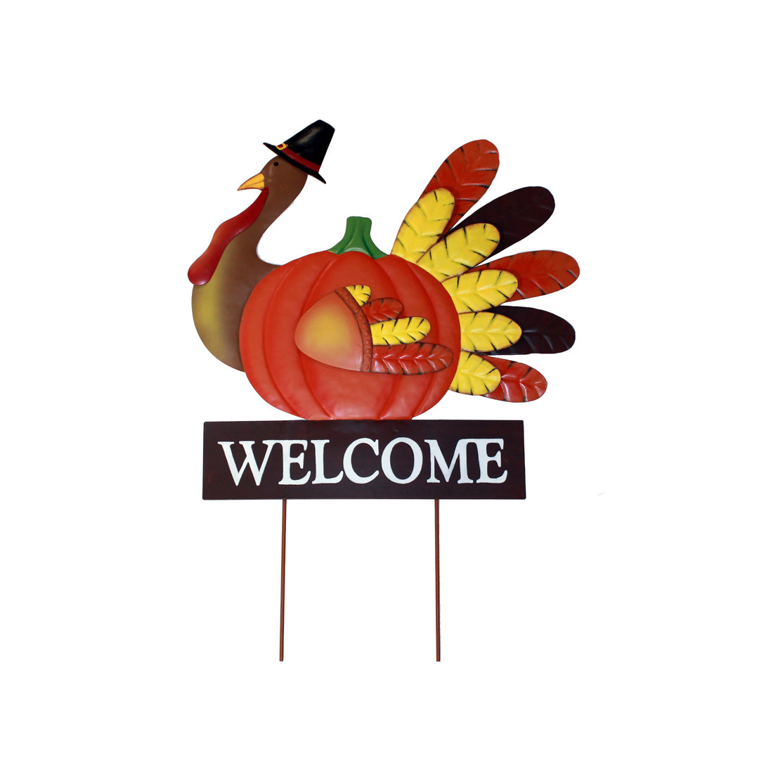 20" Thanksgiving Metal Turkey Pumpkin On Stake With Pilgrim Hat The Holiday Aisle®