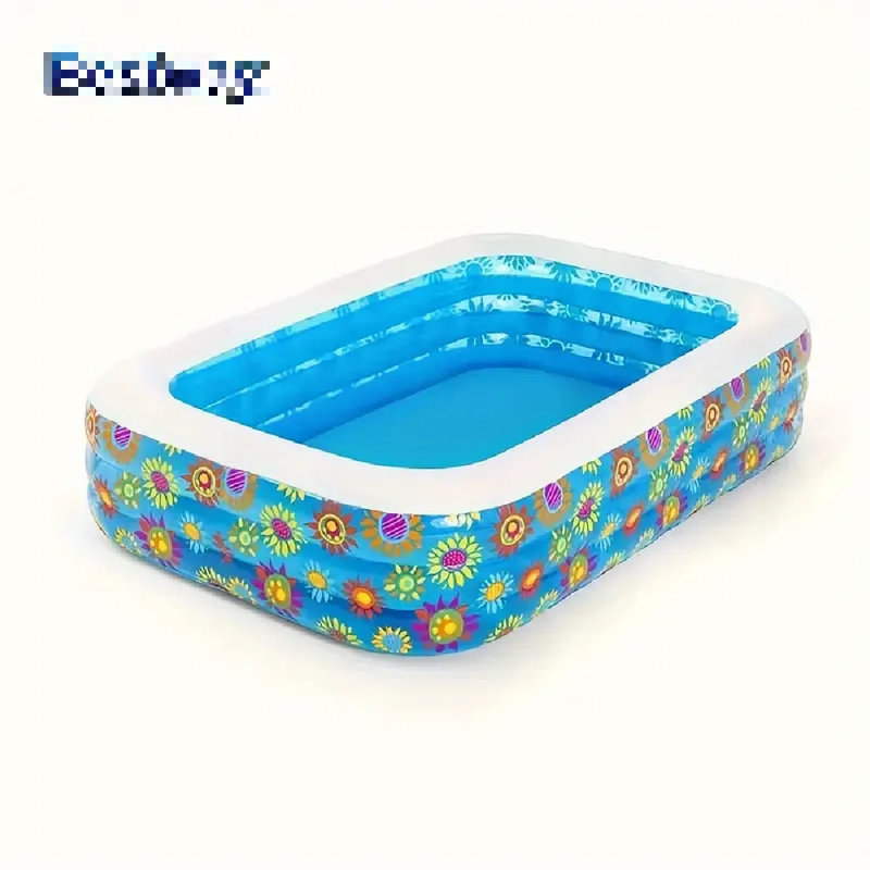 Inflatable Pool - Rectangular 4-6 Person Summer Pool For Backyard, Garden & Water Parties, Durable 2-Layer Design With Vibrant Floral Pattern, No Pump Needed, Pool Float