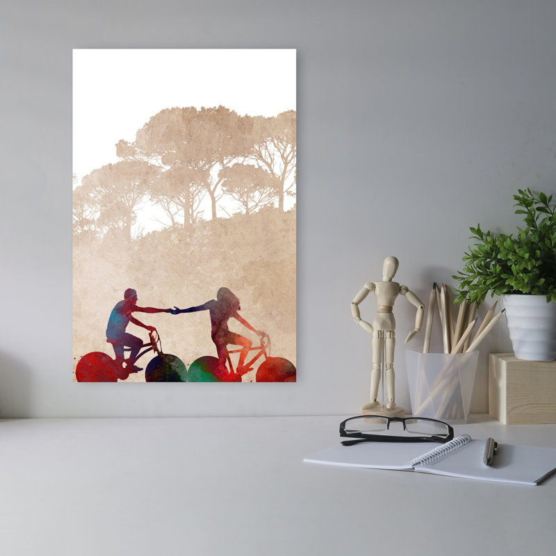 «Biking Couple main dans la main», art contemporain coloré, paysage contemporain, 18" H x 12" W