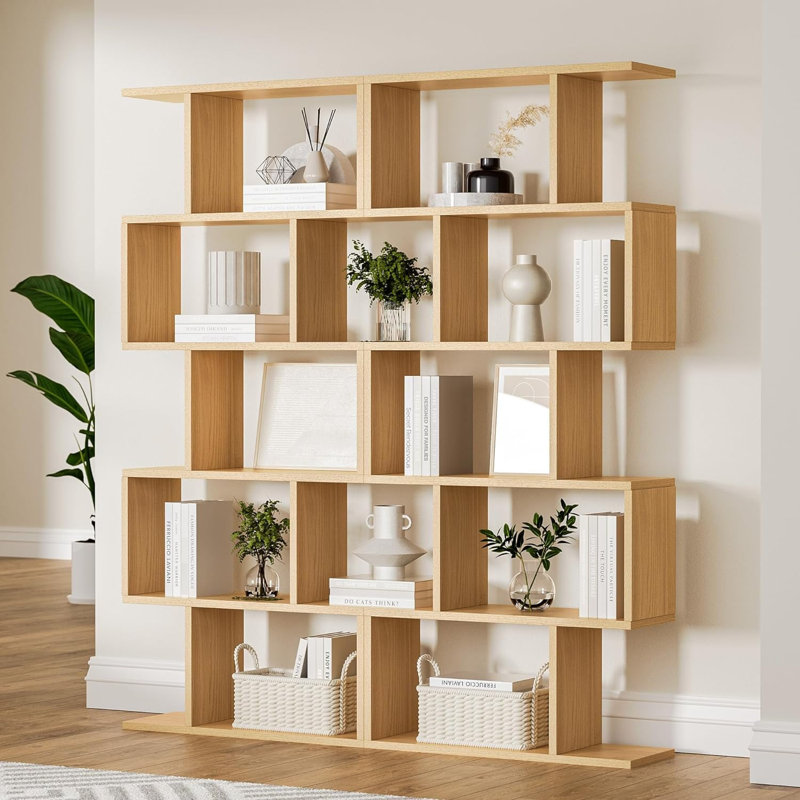 5-tier Geometric Bookcase, S-shaped Modern Bookshelf Set Of 2, 62.6" Tall Room Divider Book Shelf, Decorative Display Shelf